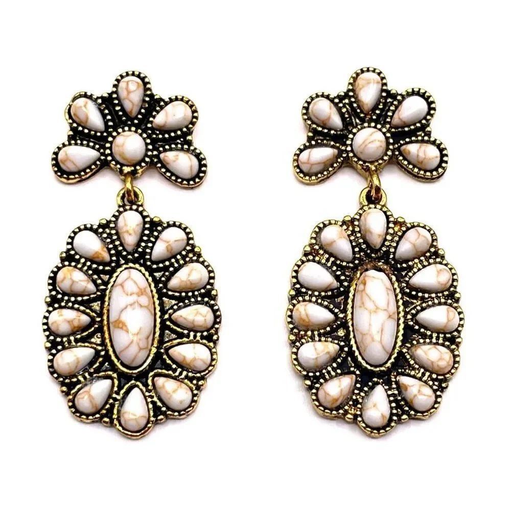 Yellow Gold with White Turquoise Boho Squash Blossom Post Back Earrings